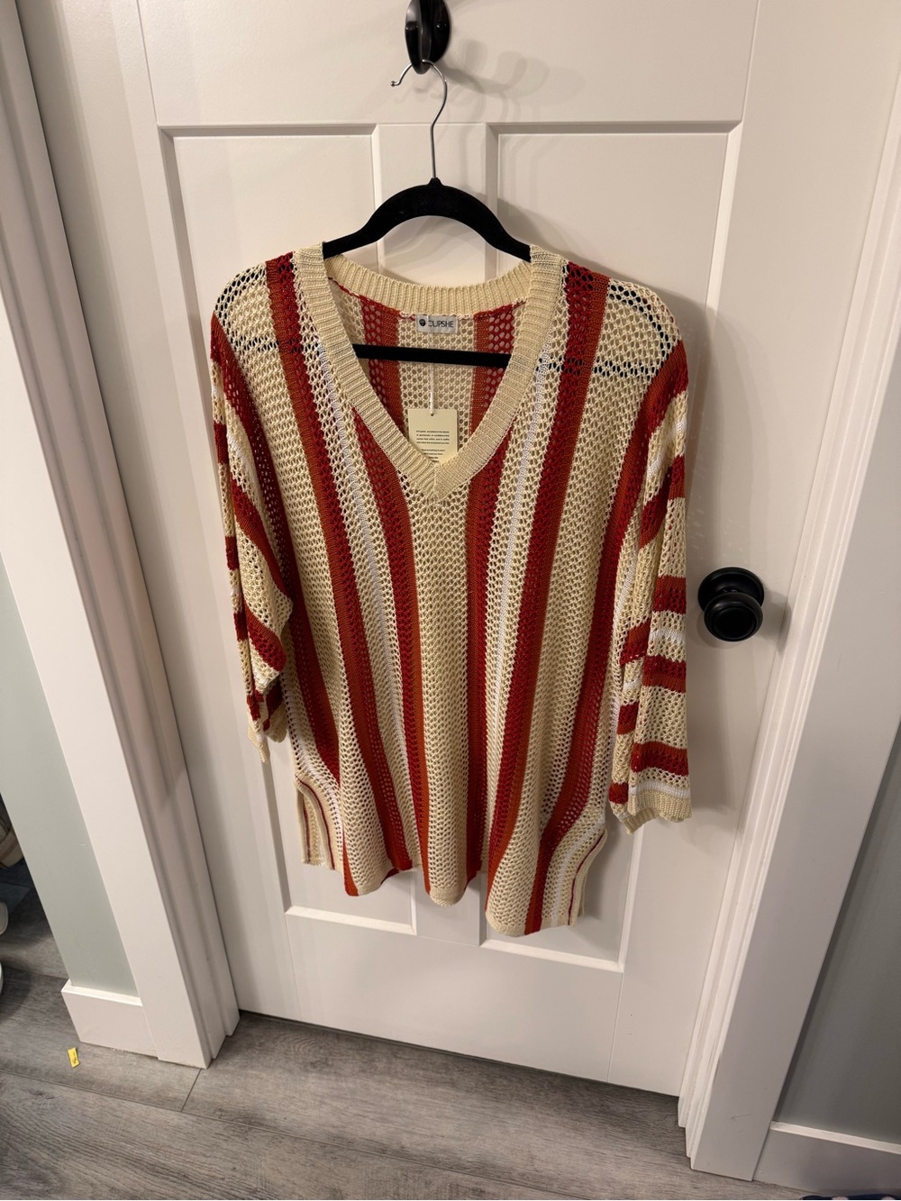 Red and Cream Striped V-Neck Sweater/Cover up